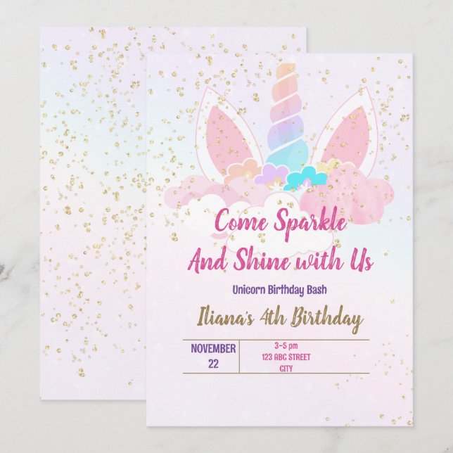 Unicorn party invitation (Front/Back)