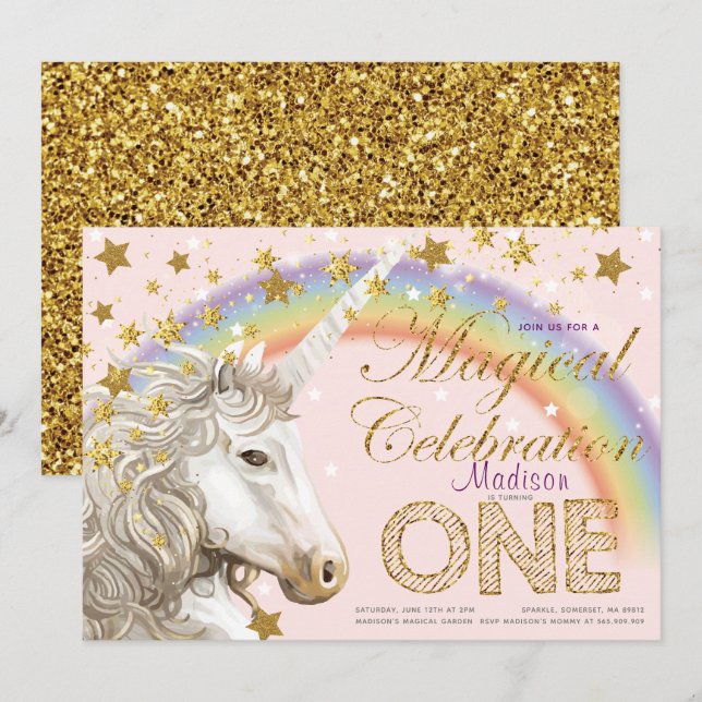 Unicorn Party Magical First Birthday Illustration Invitation (Front/Back)