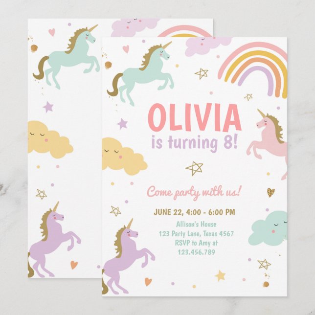 Unicorn Party Magical Rainbow Unicorn Birthday Inv Invitation (Front/Back)