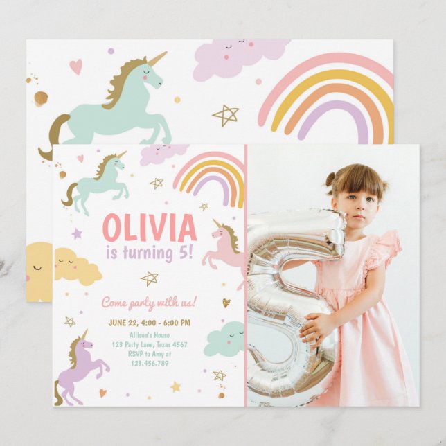 Unicorn Party Magical Rainbow Unicorn Birthday Inv Invitation (Front/Back)