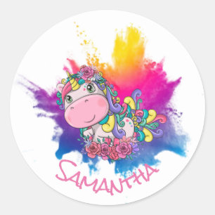 Unicorn Party Purple Yellow Splash Classic Round Sticker