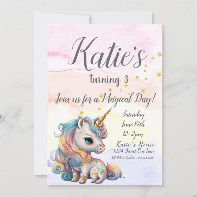 Unicorn Party, Unicorn 3rd Birthday            Invitation (Front)