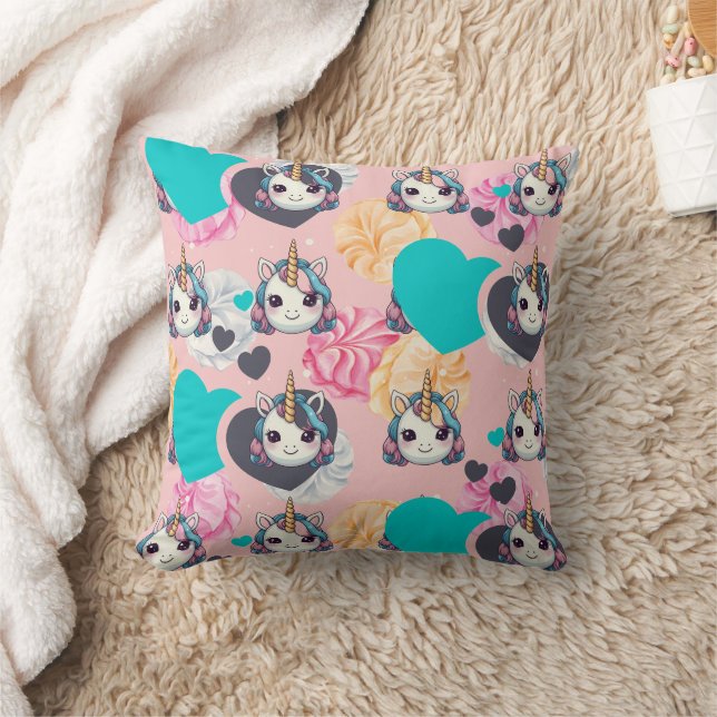 Unicorn Pastel Heart Print Throw Pillow (Blanket)