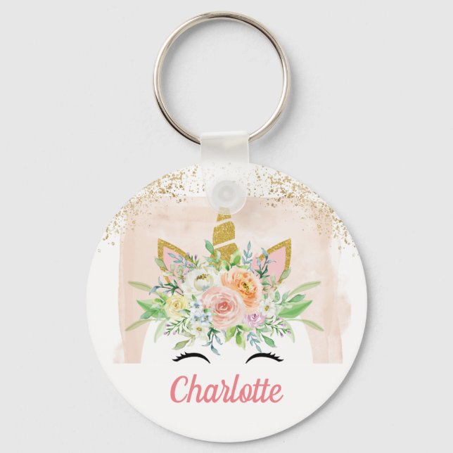 unicorn pastel pink ang sparkling gold custom name keychain (Front)