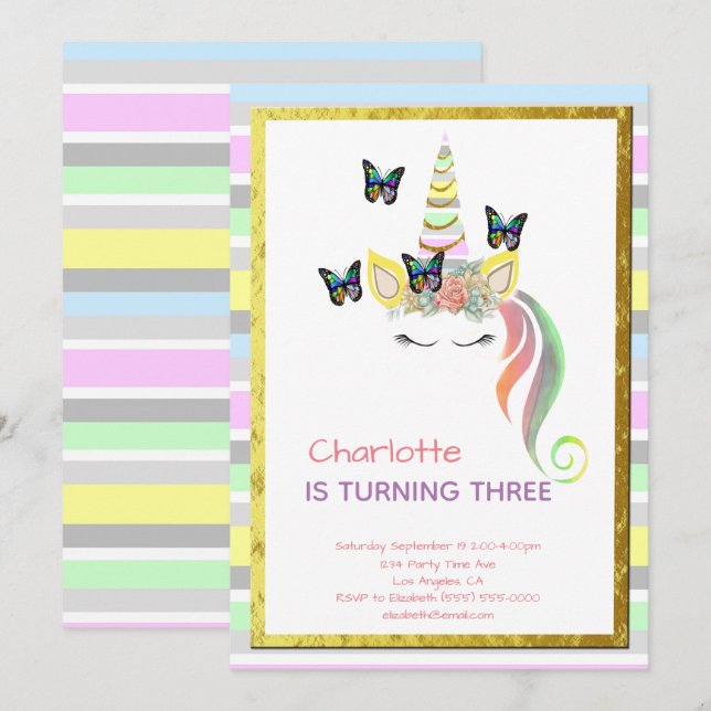 Unicorn Pastel Rainbow Butterflies Gold Birthday Invitation (Front/Back)