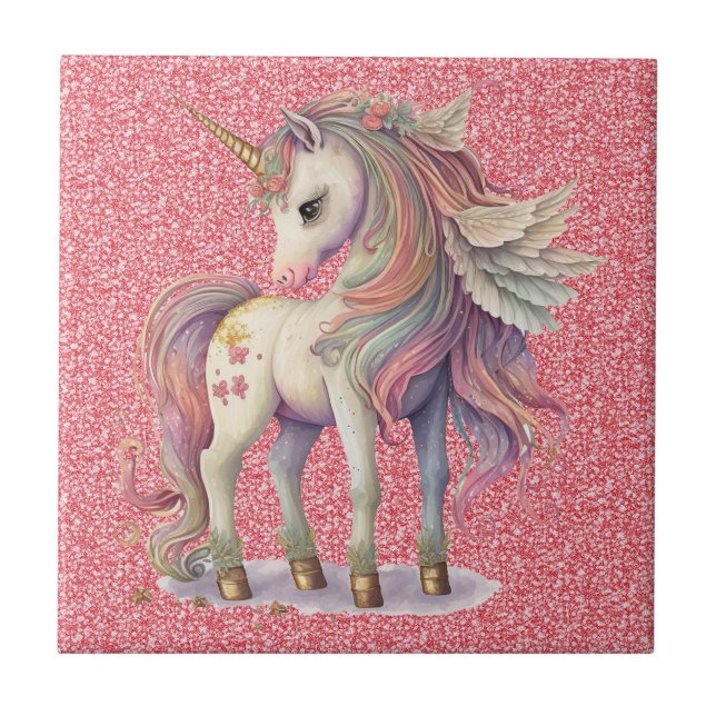 Unicorn Pastel Rainbow Colours Pink Glitter Sparkl Tile (Front)