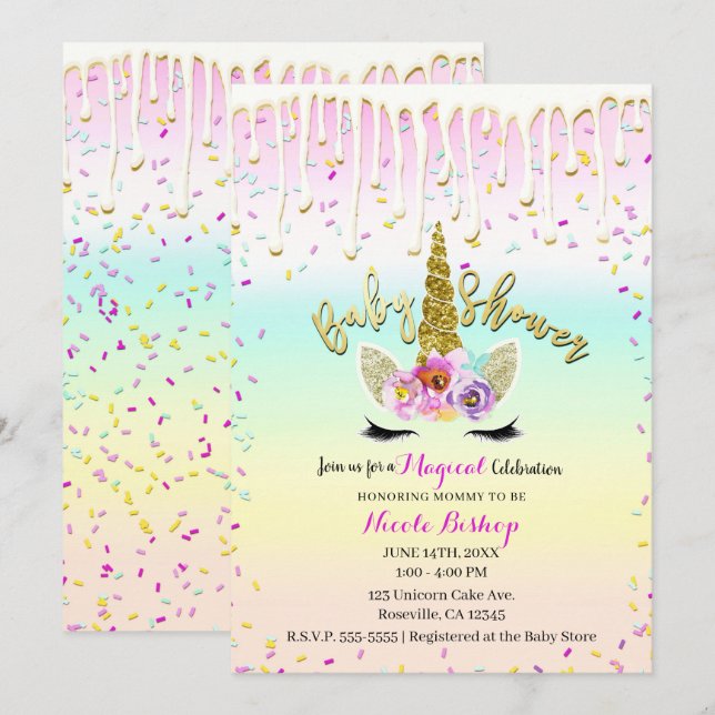Unicorn Pastel Rainbow Frosting Drip Baby Shower Invitation (Front/Back)