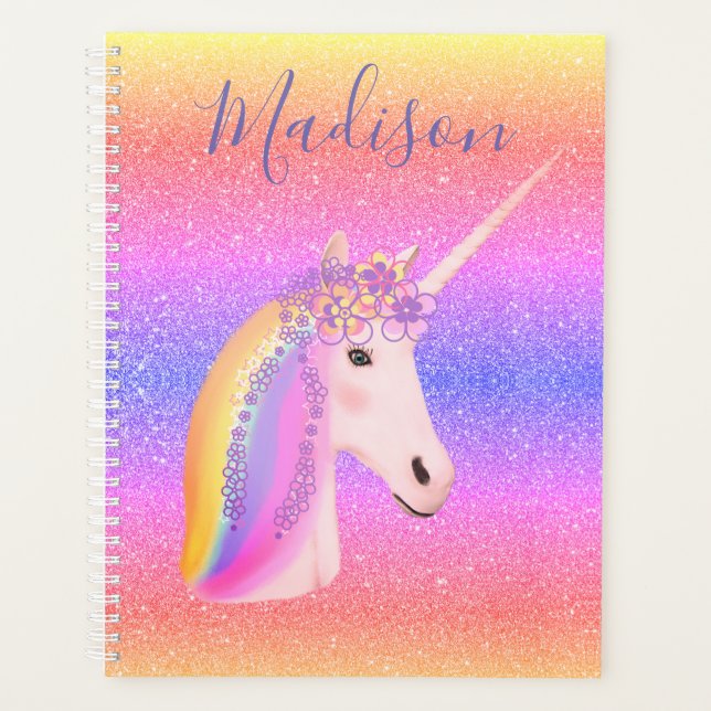 Unicorn Pastel Rainbow Glitter Personalized Planner (Front)
