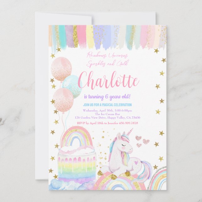 Unicorn Pastel Rainbow Sparkle Birthday Party Girl Invitation (Front)