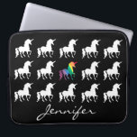 Unicorn Pattern Personalized Black White Girls Laptop Sleeve<br><div class="desc">Unicorn Pattern Personalized Black and White Silhouette Girls Neoprene Laptop Sleeve. A pretty pattern of white unicorn silhouettes on black background. Red, orange, yellow, green, blue and purple colours for the centre unicorn in a rainbow watercolor design. Personalize this custom laptop case with name in beautiful script font underneath the...</div>