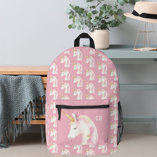 Unicorn pattern pink cute initials printed backpack (Creator Uploaded)
