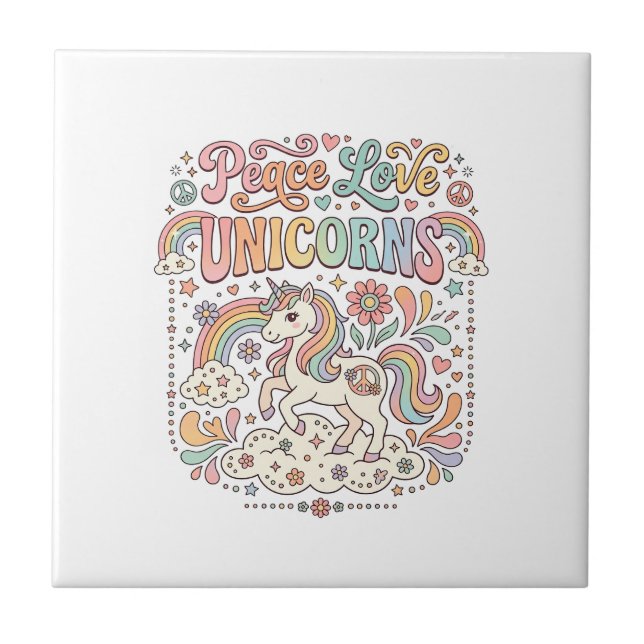 Unicorn Peace Love Unicorns Adorable Vector Design Tile (Front)