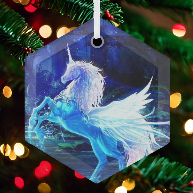 Unicorn Pegasus Blue Moonlight Christmas Tree Glass Ornament (Creator Uploaded)