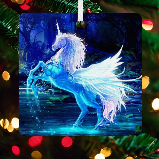 Unicorn Pegasus Blue Moonlight Christmas Tree Metal Ornament (Creator Uploaded)