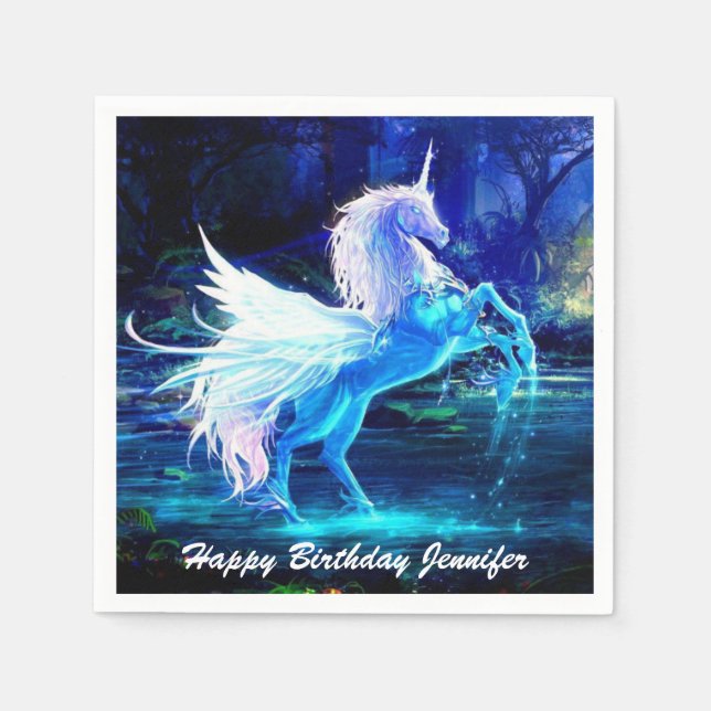 Unicorn Pegasus Fantasy in Moonlight Birthday Napkin (Front)