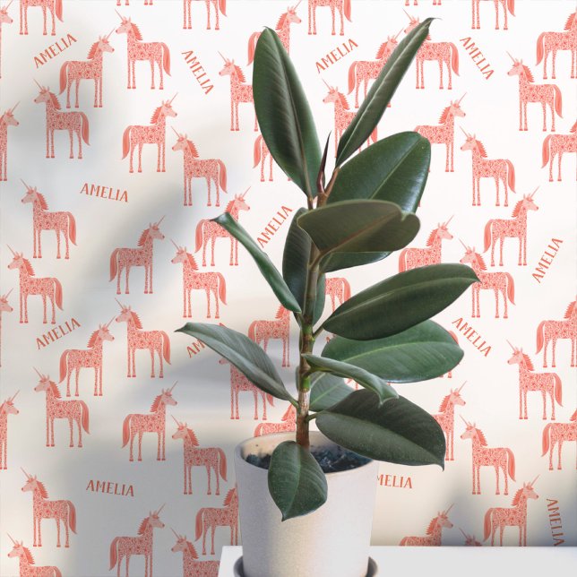 Unicorn Personalized Name Pink Wallpaper (Personalized custom name pink unicorn peel and stick wallpaper for a nursery, baby or girl’s room)
