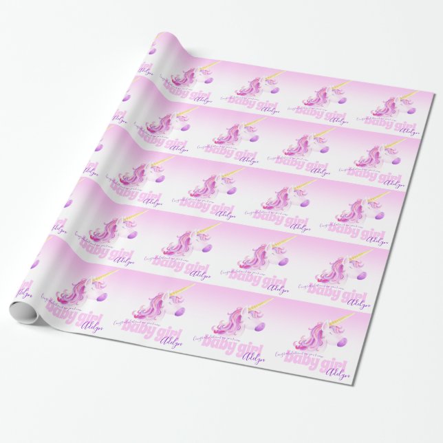 Unicorn personalized new baby pink paper wrap (Unrolled)