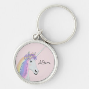 Unicorn Personalized Rainbow Pink Round Keychain