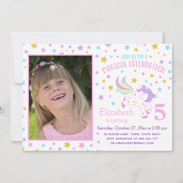 Unicorn Photo Birthday Invitation (Front)