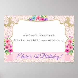 Unicorn Photo Booth Frame Prop Poster Gold Floral