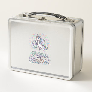 Unicorn Pilates and Pixie Dust White Background Ve Metal Lunch Box