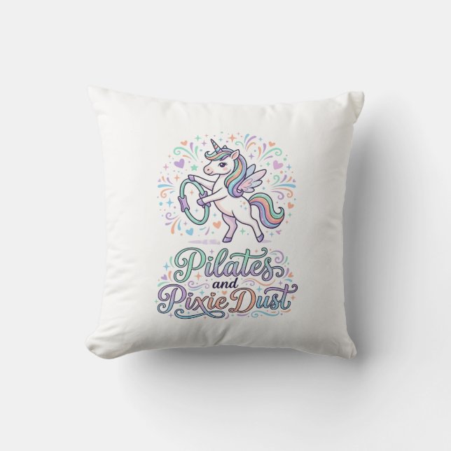 Unicorn Pilates and Pixie Dust White Background Ve Throw Pillow (Front)