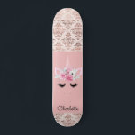 Unicorn Pin Damask Personalized Skateboard<br><div class="desc">A cute unicorn on pink and gold damask personalized with your name.</div>