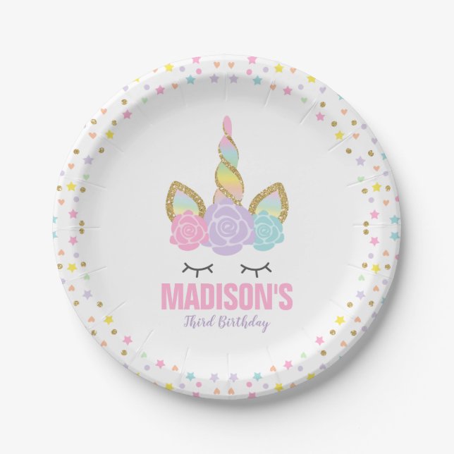 Unicorn Pink And Gold Paper Plate 7" Paper Plates (Front)