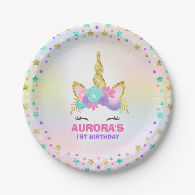Unicorn Pink And Gold Paper Plate 7" Paper Plates (Front)