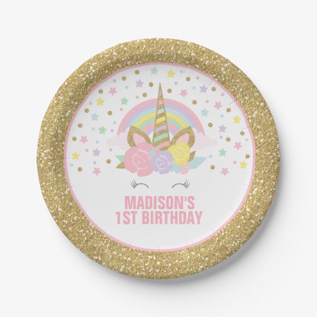 Unicorn Pink And Gold Paper Plate 7" Paper Plates (Front)
