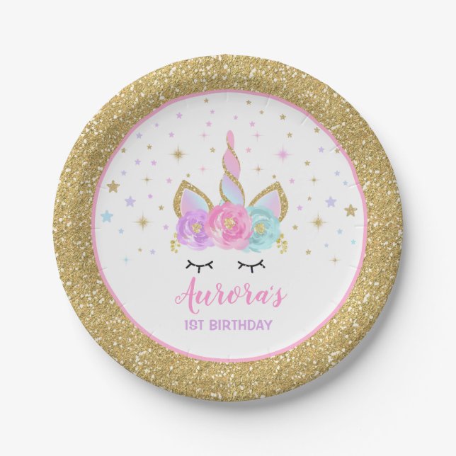 Unicorn Pink And Gold Paper Plate 7" Paper Plates (Front)