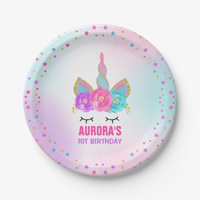 Unicorn Pink And Gold Paper Plate 7" Paper Plates (Front)