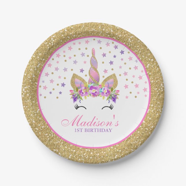 Unicorn Pink And Gold Paper Plate 7" Paper Plates (Front)