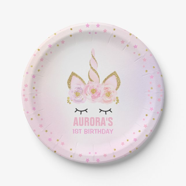 Unicorn Pink And Gold Paper Plate 7" Paper Plates (Front)