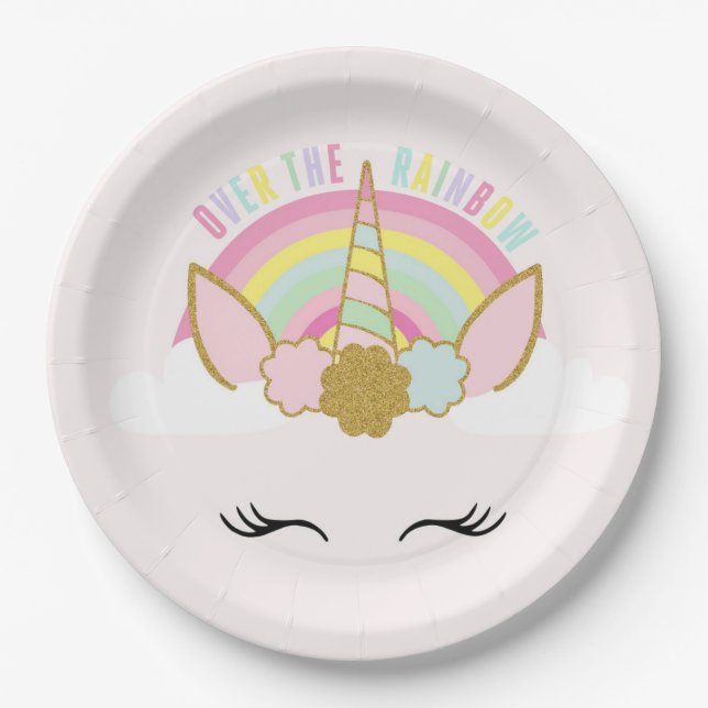 Unicorn Pink And Gold Paper Plate 7" Rainbow (Front)