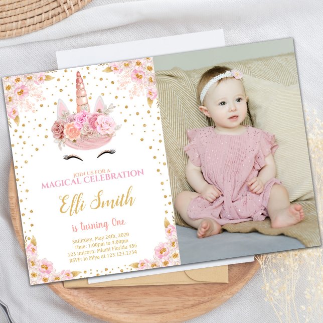 Unicorn Pink Birthday Invitations with photo (Unicorn Pink Birthday Invitations with photo)