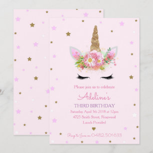 Unicorn Pink Birthday Party Invites Invitations