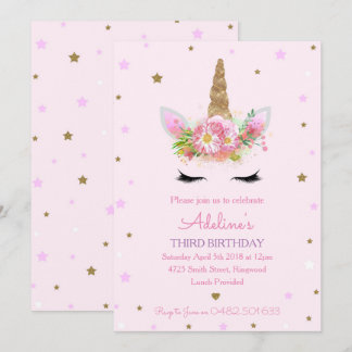 Unicorn Pink Birthday Party Invites Invitations