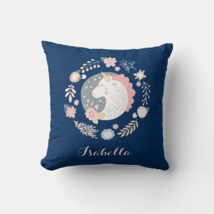 Unicorn Pink Blue Cute Personalized Name Throw Pillow