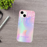 Unicorn pink drips holographic name Case-Mate iPhone 14 case<br><div class="desc">A trendy iridescent background with unicorn and rainbow pastel colours in pink, purple, mint green. Decorated with faux glitter drips in pink, purple and a rainbow coloured unicorn. Purple coloured letters. Personalize and add your name. The name is written with a modern hand lettered style script with swashes. To keep...</div>