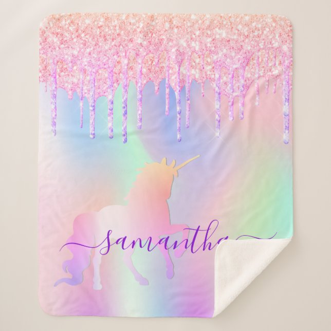 Unicorn pink drips holographic name script sherpa blanket (Front)