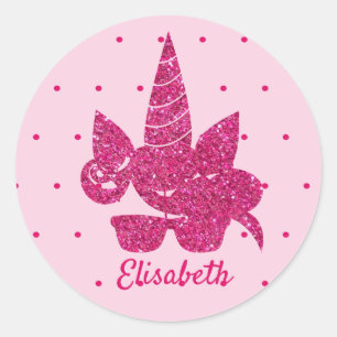 Unicorn pink faux glitter cute sunglasses girly classic round sticker