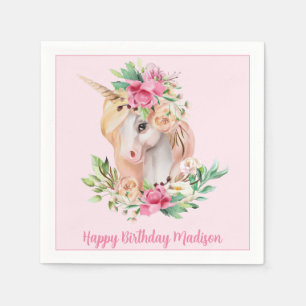 Unicorn Pink Floral Birthday Napkin