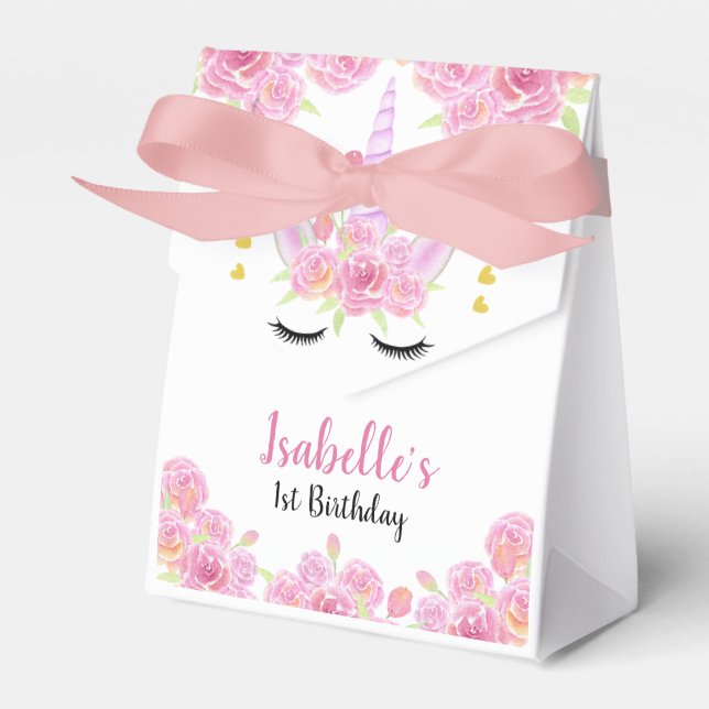 Unicorn Pink Florals Gold Hearts Birthday Favor Box (Front Side)