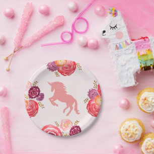 Unicorn Pink Flower Painting Paper Plate