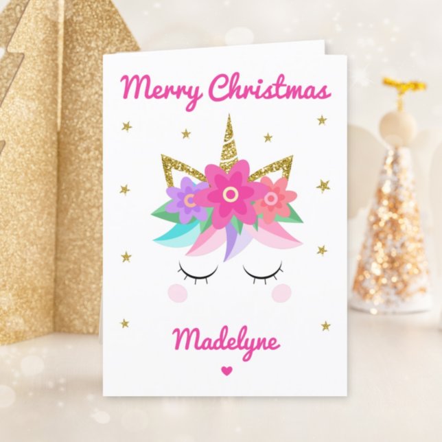 Unicorn Pink Flowers Christmas Personalized Name Holiday Card (Creator Uploaded)