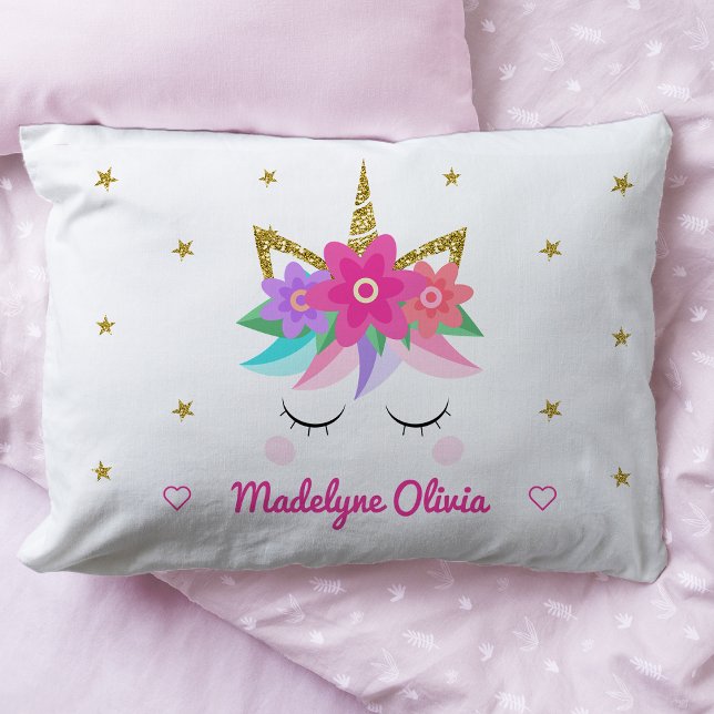 Unicorn Pink Flowers Glitter Stars Personalized Pillowcase (Creator Uploaded)