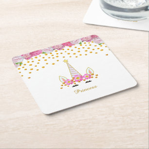 Unicorn, Pink Flowers & Gold Confetti Square Paper Coaster