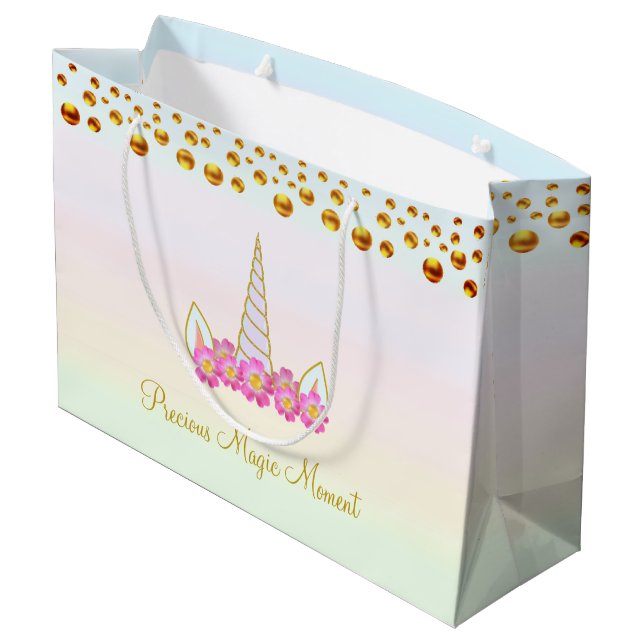 Unicorn, Pink Flowers & Golden Confetti Large Gift Bag (Back Angled)