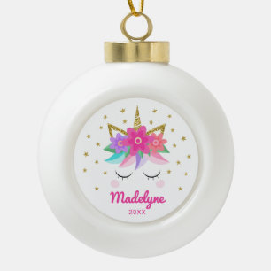 Unicorn Pink Flowers Stars Personalized Name Ceramic Ball Christmas Ornament